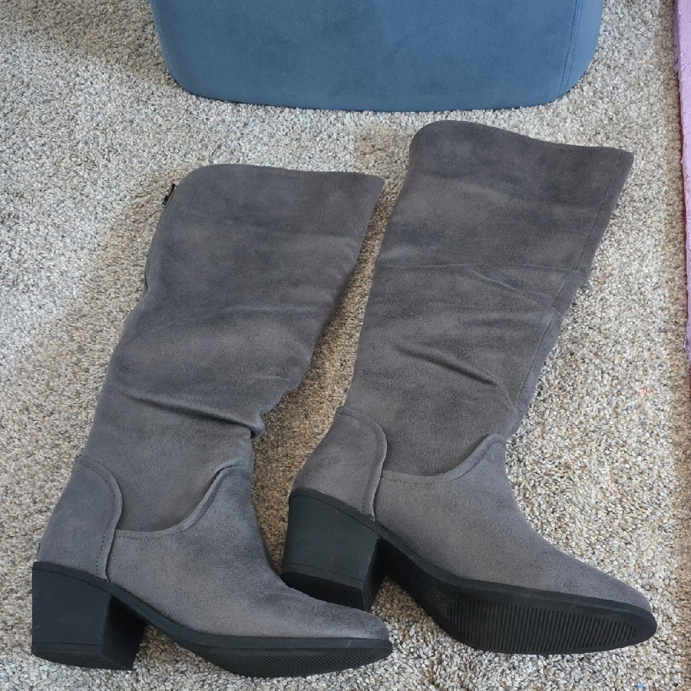 Gray Suede Knee-High Boots
